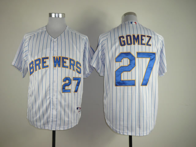 Men Milwaukee Brewers #27 Gomez White Stripe MLB Jerseys